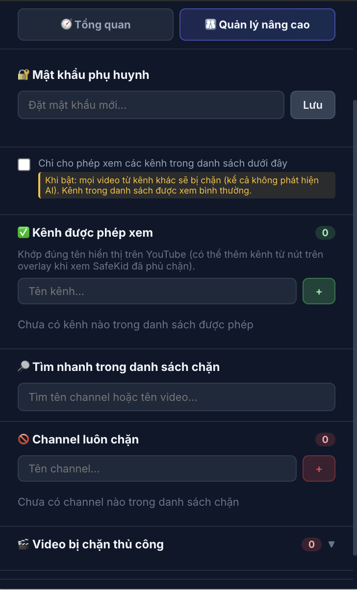 Tab Quản lý nâng cao SafeKid