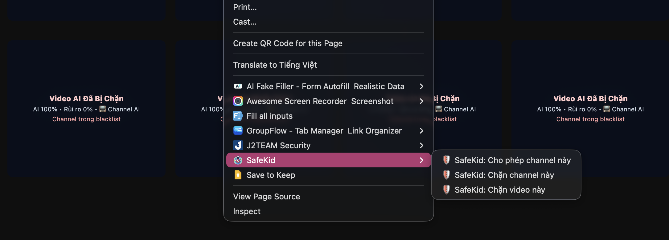 Menu chuột phải SafeKid trên YouTube